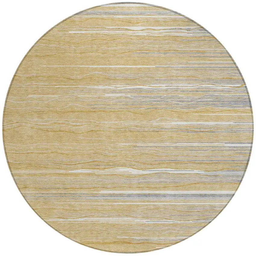 8' Gold Gray And Ivory Round Striped Washable Indoor Outdoor Area Rug Photo 4