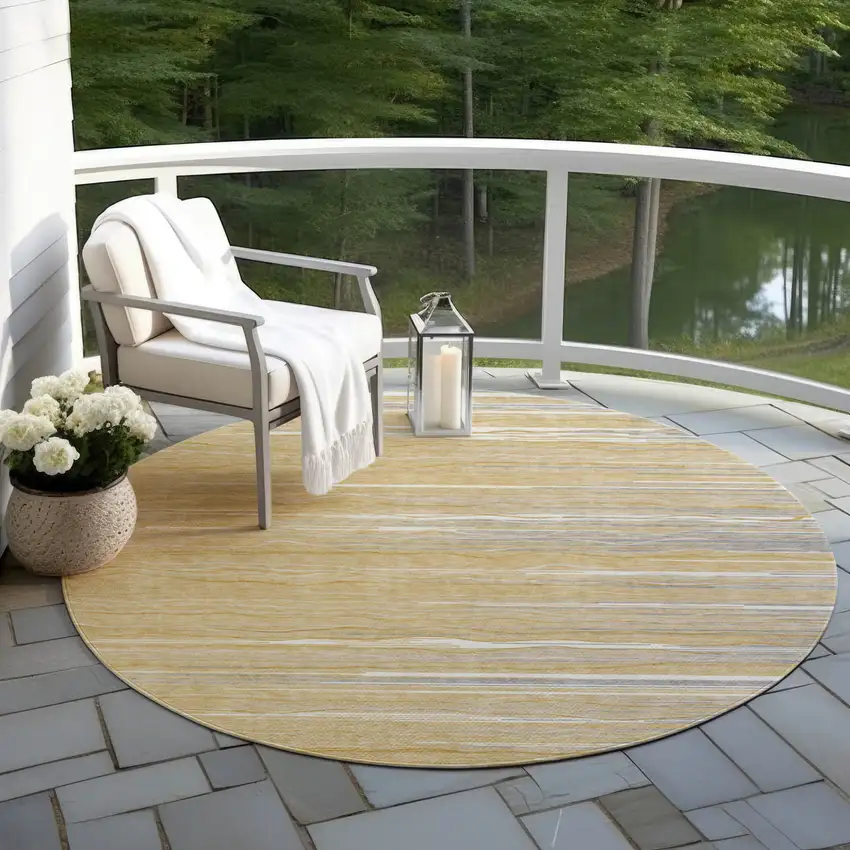 8' Gold Gray And Ivory Round Striped Washable Indoor Outdoor Area Rug Photo 5
