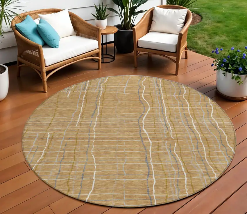 8' Gold Gray And Ivory Round Striped Washable Indoor Outdoor Area Rug Photo 1