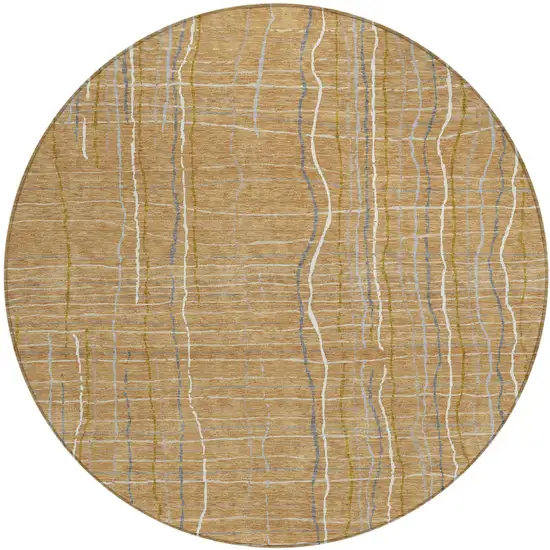 8' Gold Gray And Ivory Round Striped Washable Indoor Outdoor Area Rug Photo 2