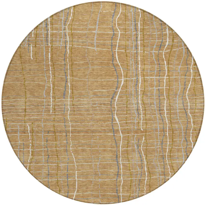 8' Gold Gray And Ivory Round Striped Washable Indoor Outdoor Area Rug Photo 2
