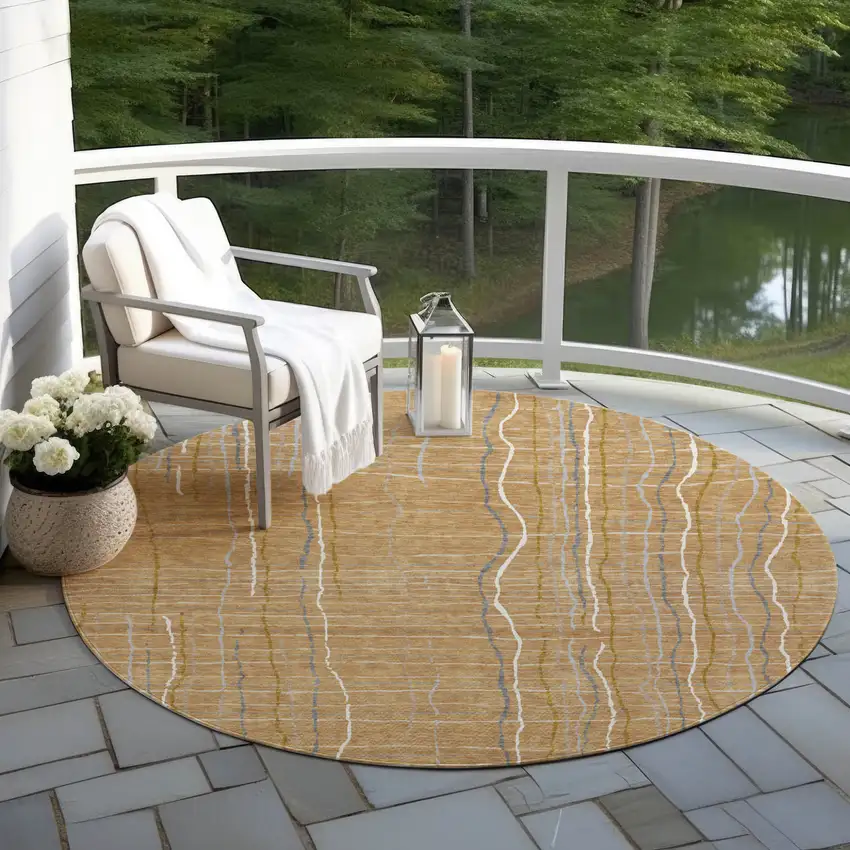 8' Gold Gray And Ivory Round Striped Washable Indoor Outdoor Area Rug Photo 6