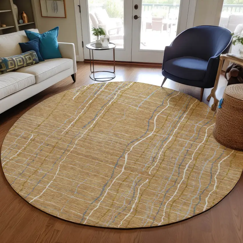 8' Gold Gray And Ivory Round Striped Washable Indoor Outdoor Area Rug Photo 7