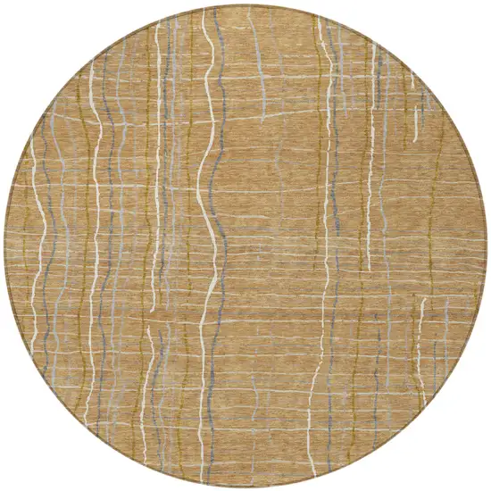 8' Gold Gray And Ivory Round Striped Washable Indoor Outdoor Area Rug Photo 5