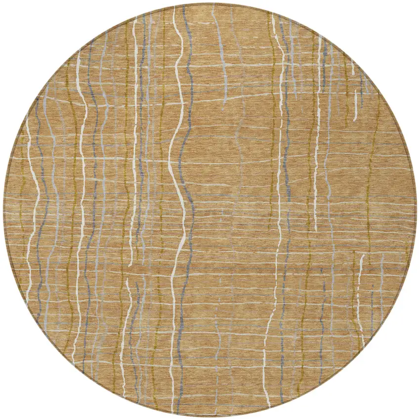 8' Gold Gray And Ivory Round Striped Washable Indoor Outdoor Area Rug Photo 5