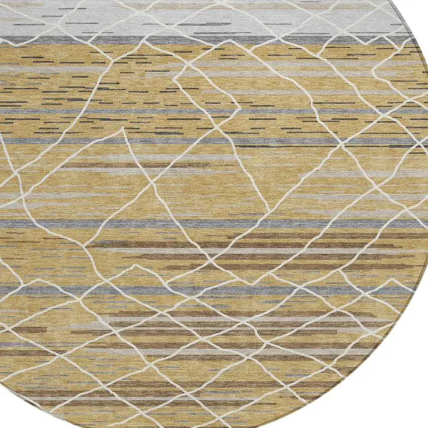 8' Gold Gray And Ivory Round Striped Washable Indoor Outdoor Area Rug Photo 5