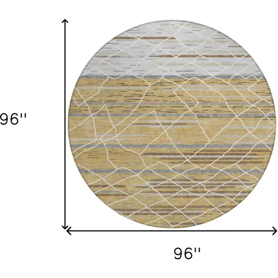 8' Gold Gray And Ivory Round Striped Washable Indoor Outdoor Area Rug Photo 3