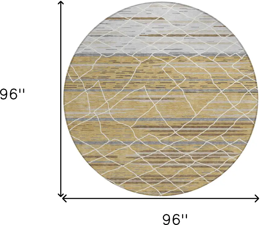 8' Gold Gray And Ivory Round Striped Washable Indoor Outdoor Area Rug Photo 3