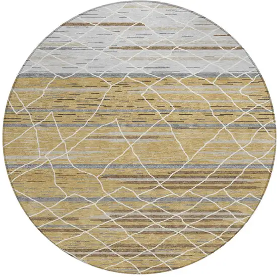 8' Gold Gray And Ivory Round Striped Washable Indoor Outdoor Area Rug Photo 6