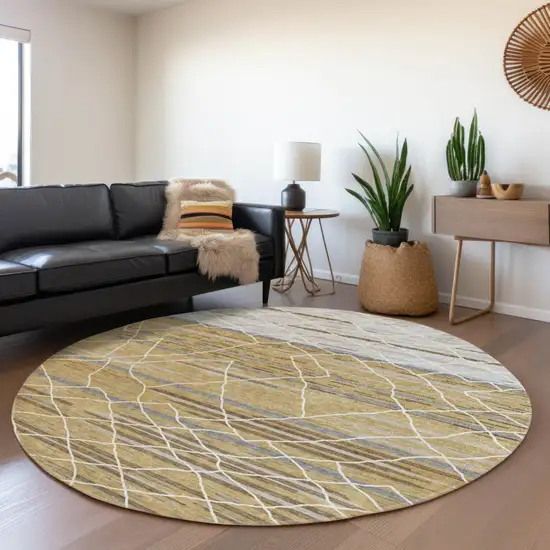 8' Gold Gray And Ivory Round Striped Washable Indoor Outdoor Area Rug Photo 8