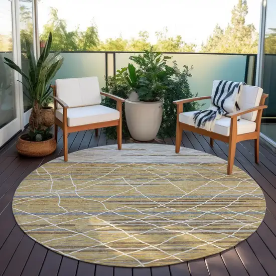 8' Gold Gray And Ivory Round Striped Washable Indoor Outdoor Area Rug Photo 7