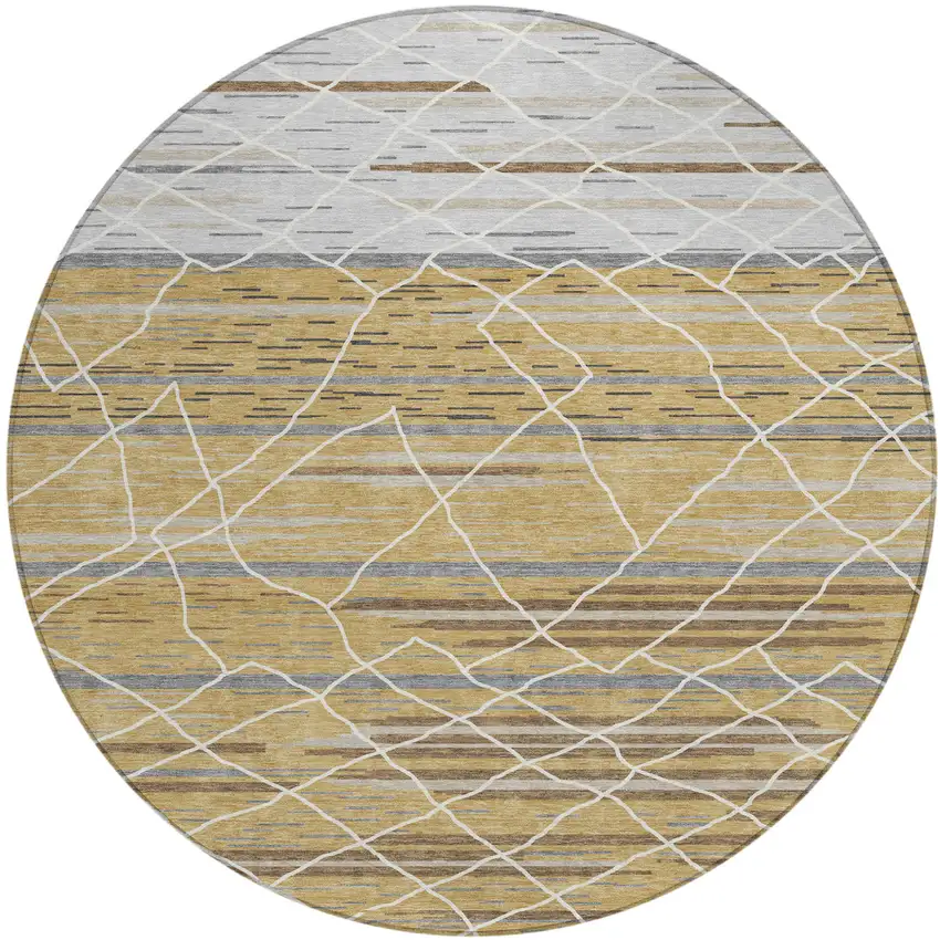 8' Gold Gray And Ivory Round Striped Washable Indoor Outdoor Area Rug Photo 2