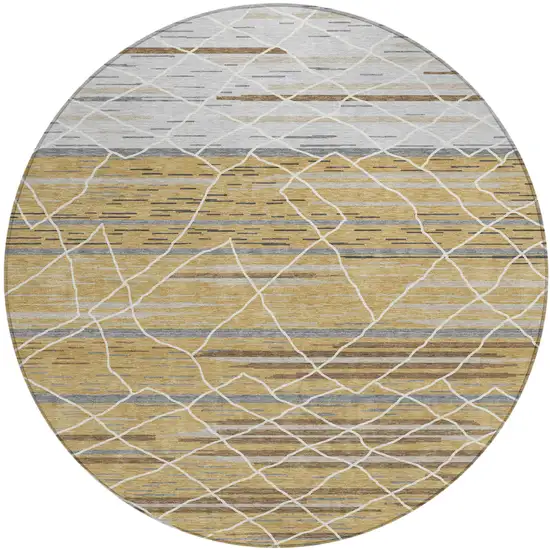 8' Gold Gray And Ivory Round Striped Washable Indoor Outdoor Area Rug Photo 2