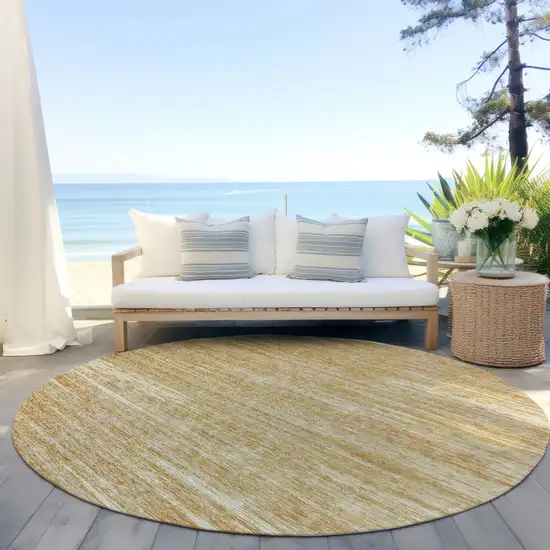 8' Gold Gray And Ivory Round Striped Washable Indoor Outdoor Area Rug Photo 6
