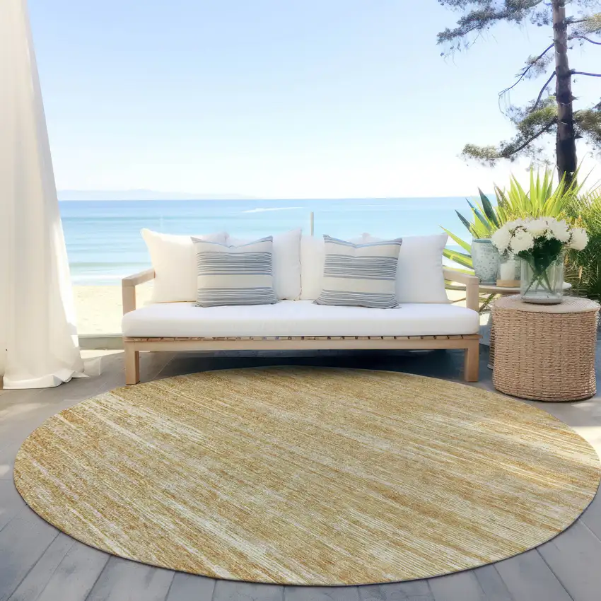 8' Gold Gray And Ivory Round Striped Washable Indoor Outdoor Area Rug Photo 6
