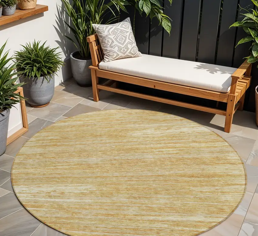 8' Gold Gray And Ivory Round Striped Washable Indoor Outdoor Area Rug Photo 1