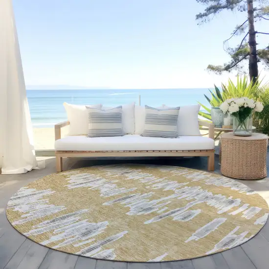 8' Gold Gray And Ivory Round Striped Washable Indoor Outdoor Area Rug Photo 7