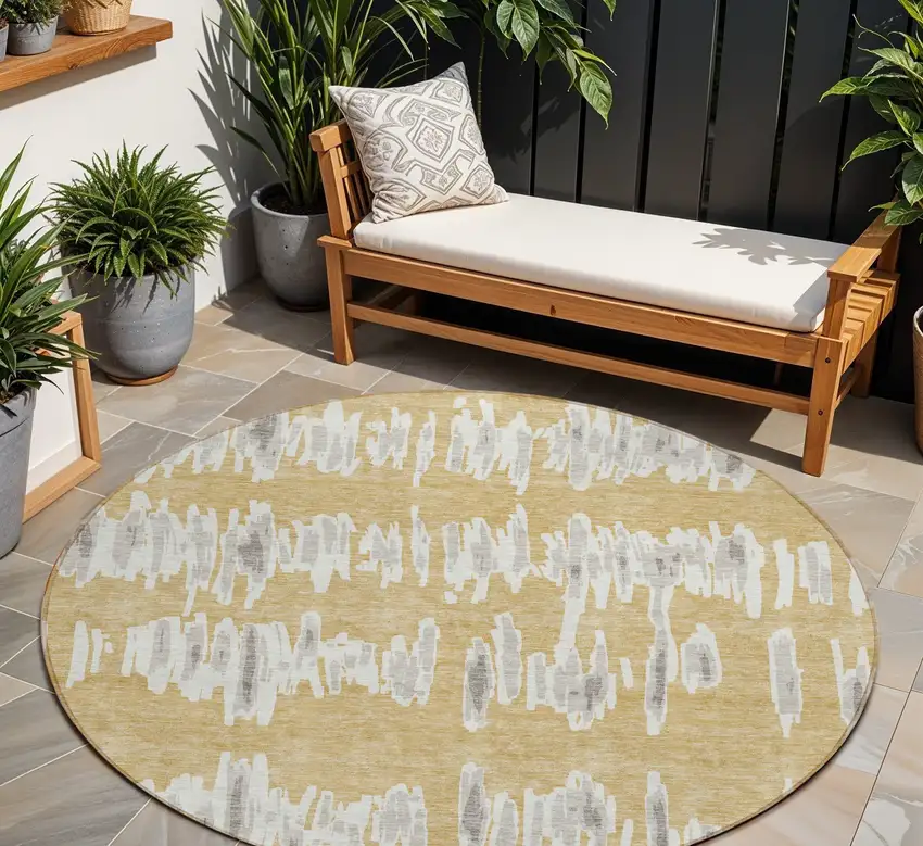 8' Gold Gray And Ivory Round Striped Washable Indoor Outdoor Area Rug Photo 1