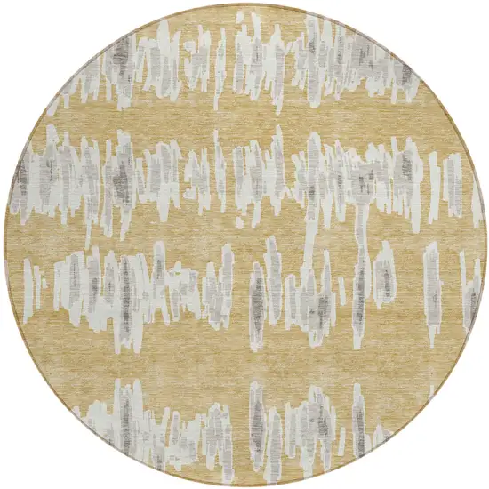 8' Gold Gray And Ivory Round Striped Washable Indoor Outdoor Area Rug Photo 2