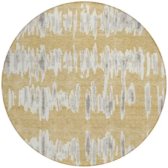 8' Gold Gray And Ivory Round Striped Washable Indoor Outdoor Area Rug Photo 6