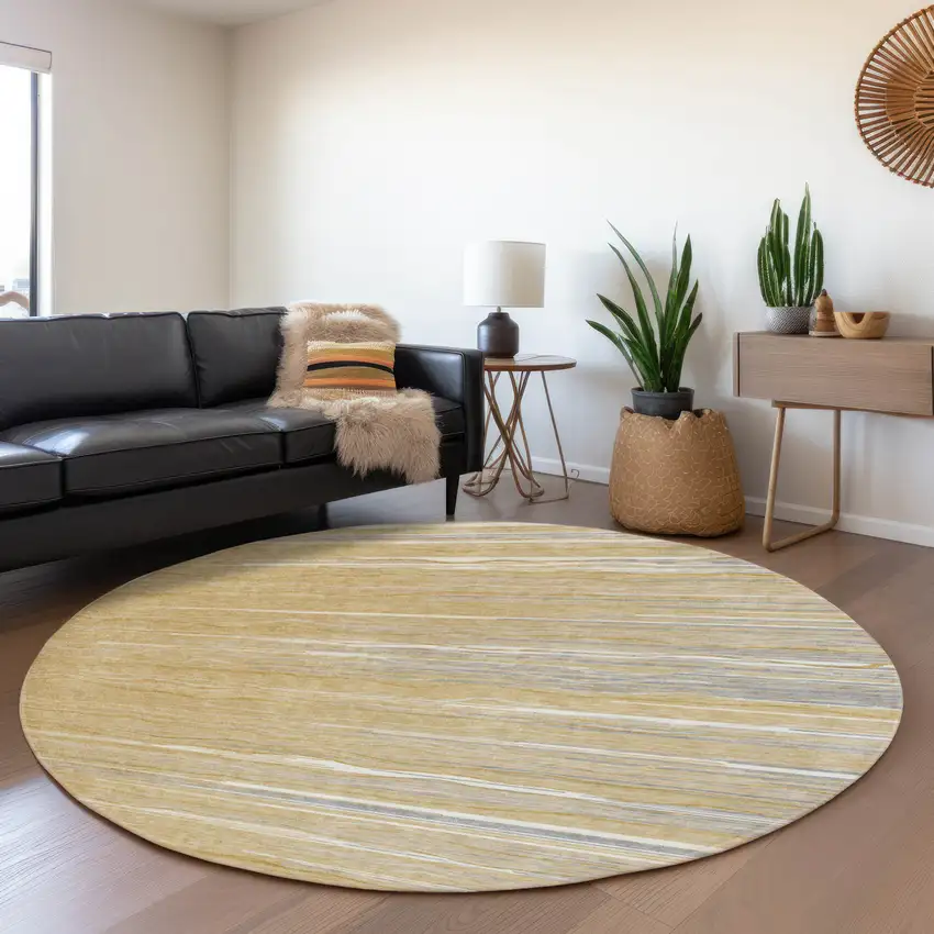 8' Gold Gray And Ivory Striped Washable Round Rug With UV Protection Photo 5