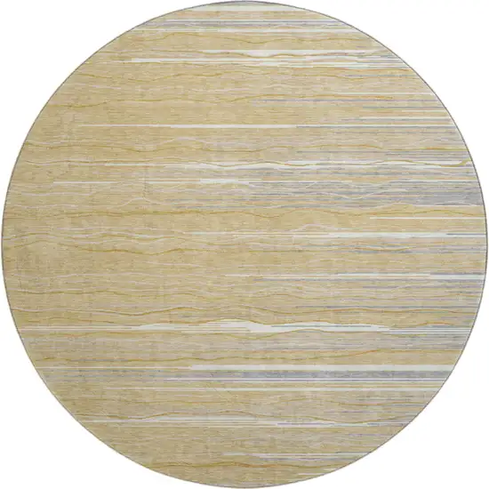 8' Gold Gray And Ivory Striped Washable Round Rug With UV Protection Photo 1