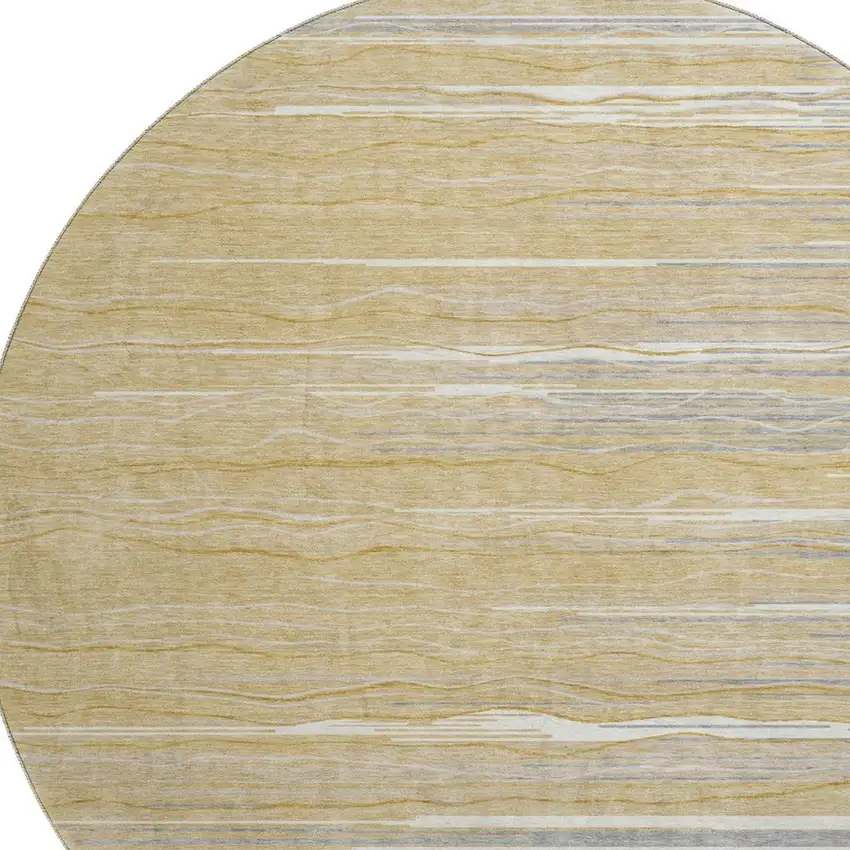 8' Gold Gray And Ivory Striped Washable Round Rug With UV Protection Photo 2