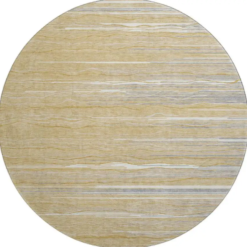 8' Gold Gray And Ivory Striped Washable Round Rug With UV Protection Photo 3