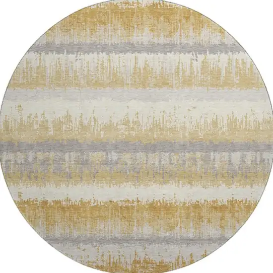 8' Gold Gray And Ivory Striped Washable Round Rug With UV Protection Photo 3
