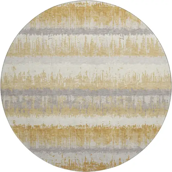 8' Gold Gray And Ivory Striped Washable Round Rug With UV Protection Photo 1