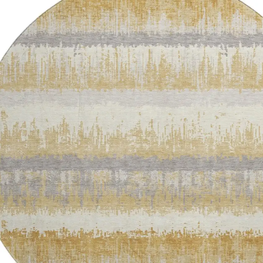 8' Gold Gray And Ivory Striped Washable Round Rug With UV Protection Photo 2