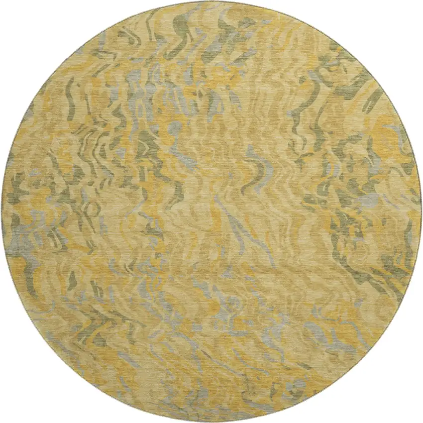 8' Gold Gray And Olive Green Abstract Washable Round Rug With UV Protection Photo 1
