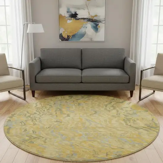 8' Gold Gray And Olive Green Abstract Washable Round Rug With UV Protection Photo 2