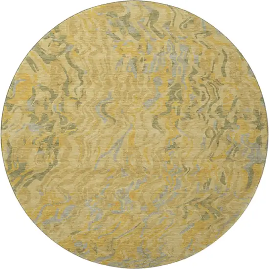 8' Gold Gray And Olive Green Abstract Washable Round Rug With UV Protection Photo 3
