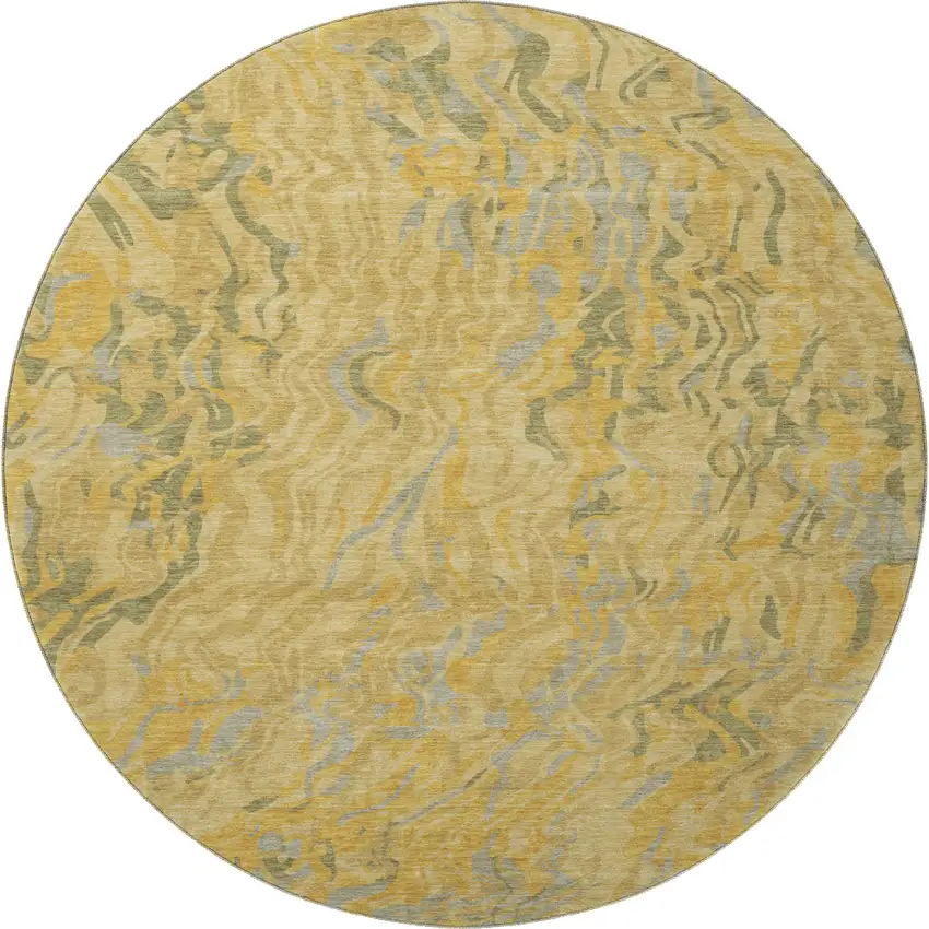 8' Gold Gray And Olive Green Abstract Washable Round Rug With UV Protection Photo 3