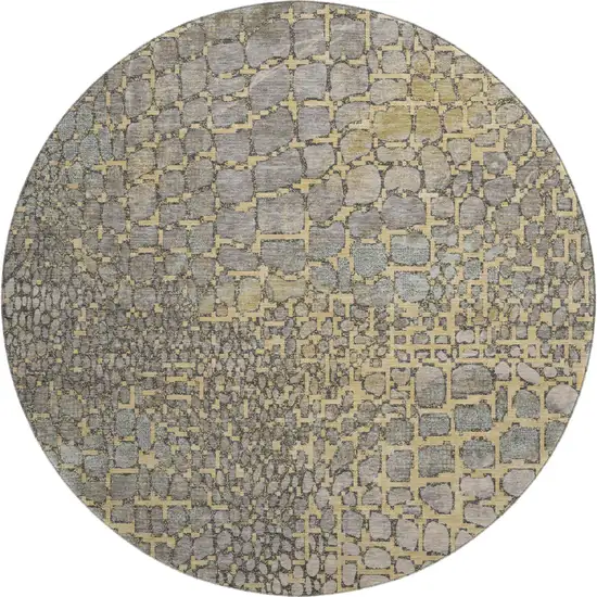 8' Gold Gray And Silver Abstract Geometric Washable Round Rug With UV Protection Photo 1