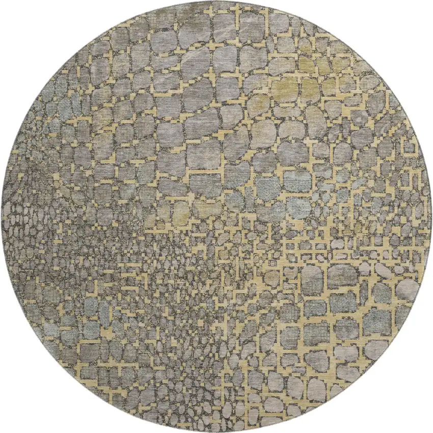 8' Gold Gray And Silver Abstract Geometric Washable Round Rug With UV Protection Photo 1