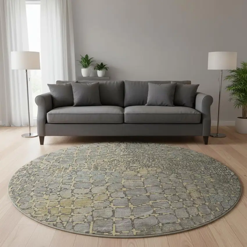 8' Gold Gray And Silver Abstract Geometric Washable Round Rug With UV Protection Photo 2
