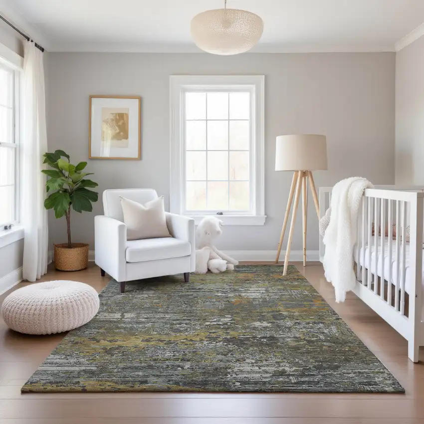 8' Gold Gray And Silver Abstract Washable Area Rug With UV Protection Photo 5