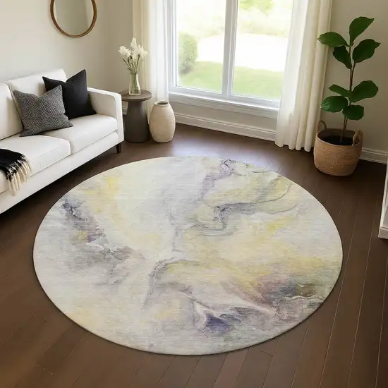 8' Gold Gray And Silver Abstract Washable Round Rug With UV Protection Photo 4