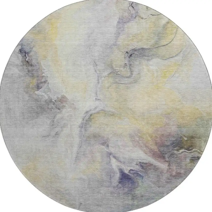 8' Gold Gray And Silver Abstract Washable Round Rug With UV Protection Photo 2