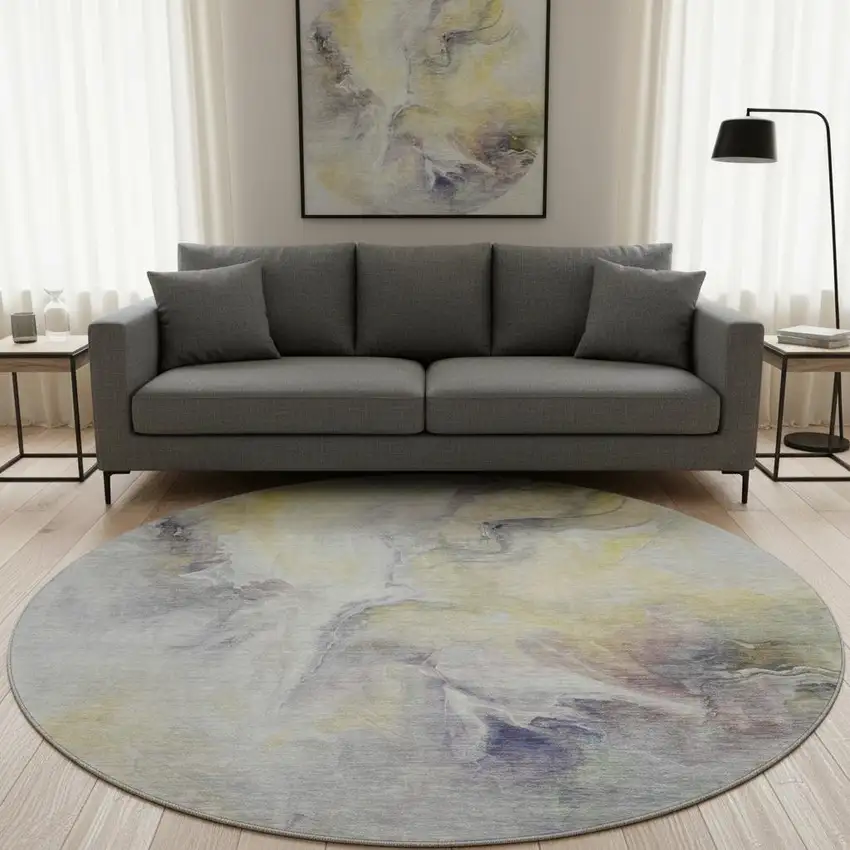 8' Gold Gray And Silver Abstract Washable Round Rug With UV Protection Photo 2
