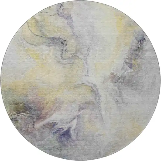 8' Gold Gray And Silver Abstract Washable Round Rug With UV Protection Photo 3