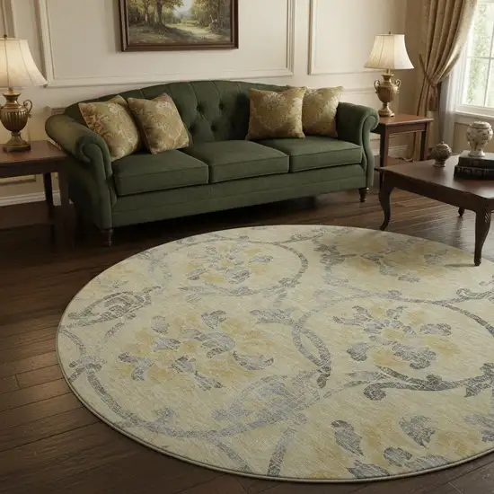 8' Gold Gray And Silver Floral Washable Round Rug With UV Protection Photo 2
