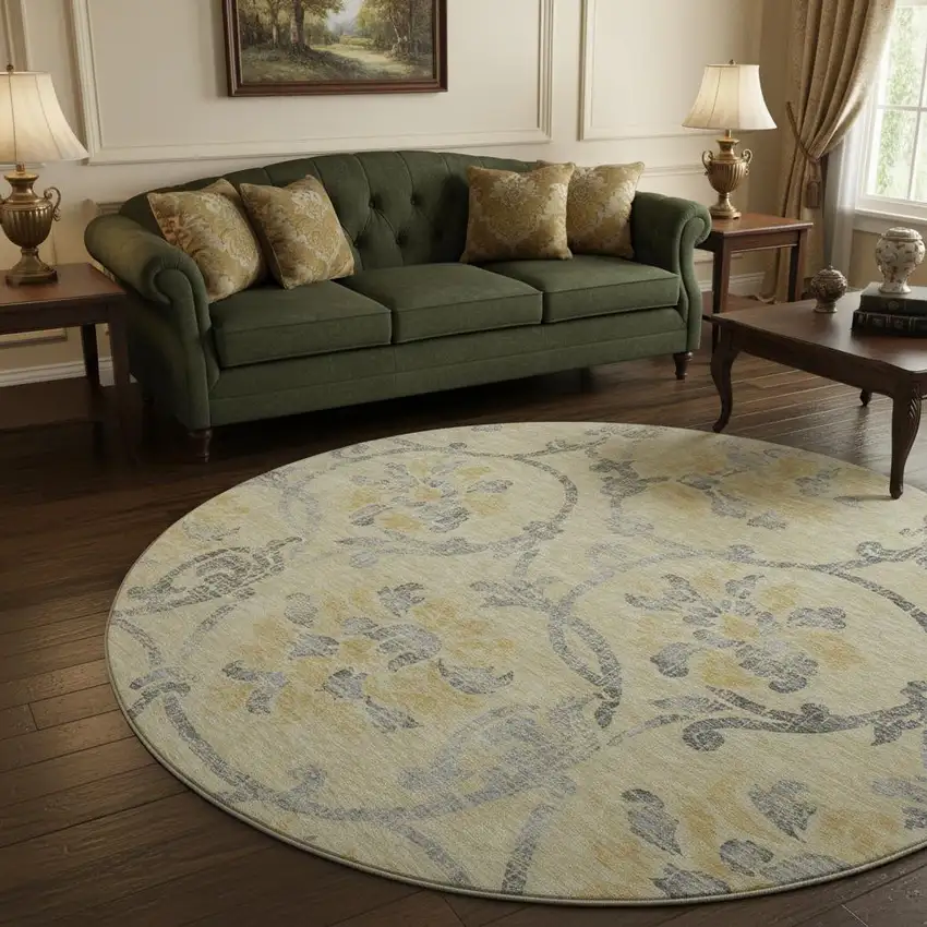 8' Gold Gray And Silver Floral Washable Round Rug With UV Protection Photo 2