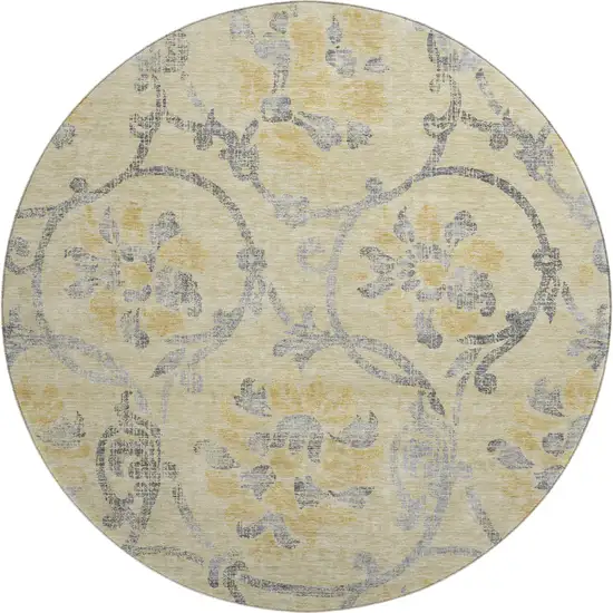 8' Gold Gray And Silver Floral Washable Round Rug With UV Protection Photo 1