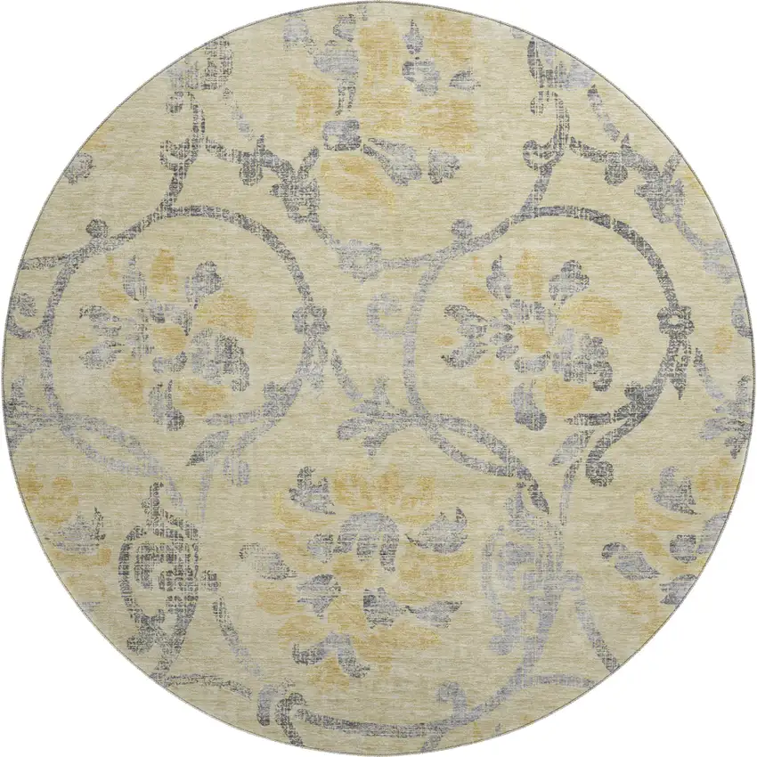 8' Gold Gray And Silver Floral Washable Round Rug With UV Protection Photo 1