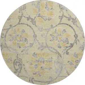 Photo of 8' Gold Gray And Silver Floral Washable Round Rug With UV Protection