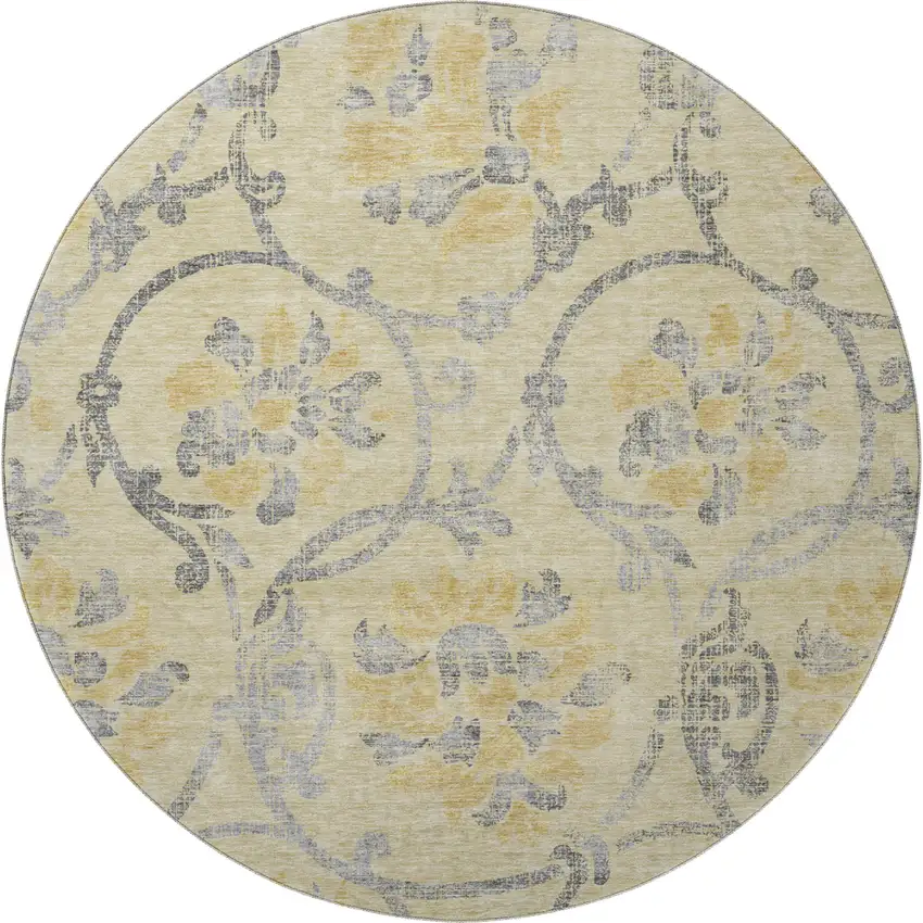 8' Gold Gray And Silver Floral Washable Round Rug With UV Protection Photo 3