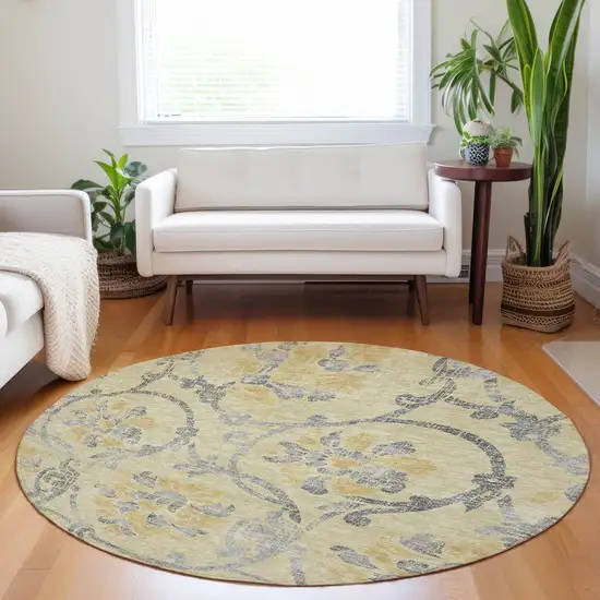 8' Gold Gray And Silver Floral Washable Round Rug With UV Protection Photo 4